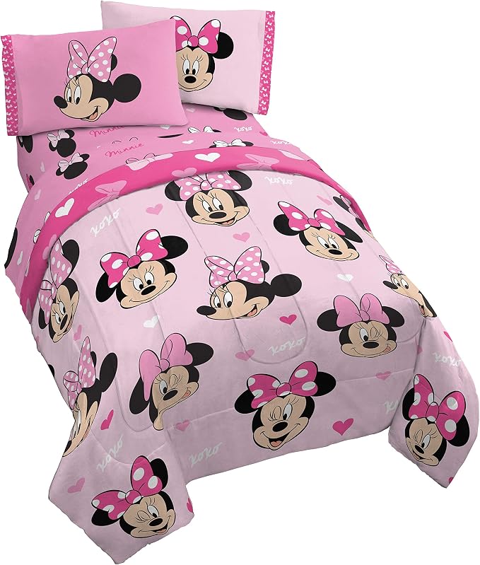 Jay Franco Disney Minnie Mouse 5 Piece Full Comforter Set for Kids | Bed in a Bag, Reversible, Super Soft Microfiber, Machine Washable, All Season Kids Bedding, Pink (Official Disney Product)