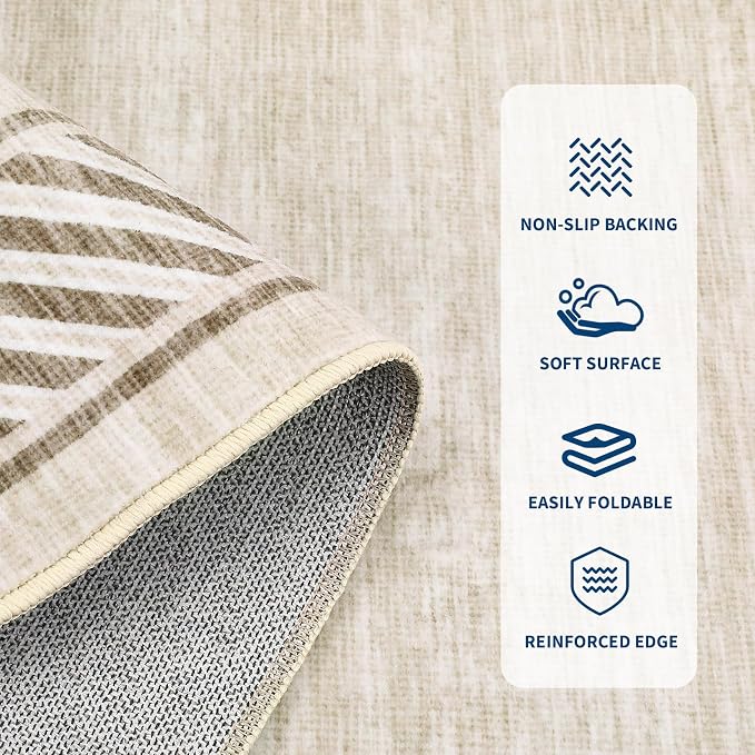 GarveeHome Modern Rugs for Living Room 8x10 Large Bordered Floor Mats with Non-Slip Backing, Stain-Resistant Bedroom Carpet, Foldable Geometric Indoor Rug for Dining Room, Kitchen, Beige