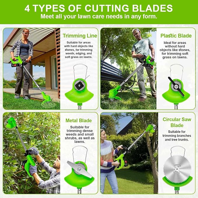 Electric Weed Wacker Cordless,24v Weed Eater Battery Powered 3 in 1 Lightweight Grass Trimmer with 2 4.0 Ah Batteries,Weed Eater with Blade & Wheels for Women,Lawn Care,Yard