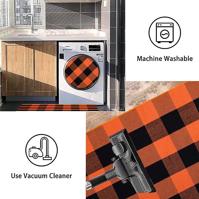 Orange and Black Outdoor Rug 24''x51''Fall Front Porch Rug Cotton Woven Washable Checkered Door Mat Outdoor for Layered Doormat Halloween Kitchen Farmhouse Entryway