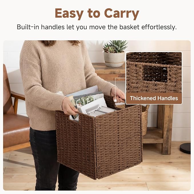 StorageWorks 13 inch Cube Storage Bins,Wicker Baskets for Storage,Brown | 2-Pack,Foldable Square Baskets,Wicker Storage Baskets for Organizing,Paper Rope Square Storage Cubes,Cube Storage Bins
