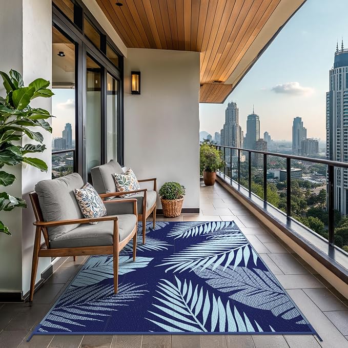 GENIMO Outdoor Rug, Waterproof Plastic Rugs for Patio, 5'x8' Blue | Outside Larger Leaf Carpet Mat for Porch Decor, Deck, Balcony, Camping, RV, Backyard, Picnic, Beach, Reversible, Foldable