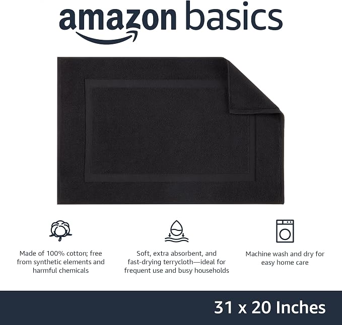 Amazon Basics Banded 100% Cotton Machine Washable Bathroom Bath Rug Mat, 31" x 20", Black (Pack of 2)