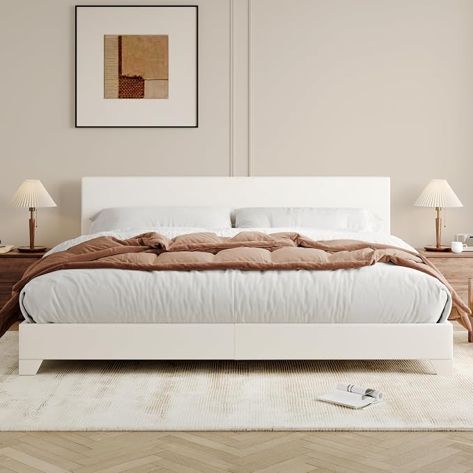 Allewie King Size Upholstered Bed Frame Adjustable Headboard, White | Platform Bed with Heavy Duty Mattress Foundation, Noise-Free, Easy Assembly, Wood Slat Support, No Box Spring Needed