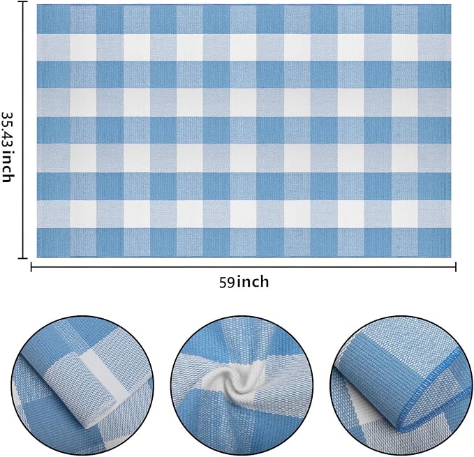 3'x5' Outdoor Rug,Light Blue and White Buffalo Checkered Porch Mat Farmhouse Washable Front Door Mat Outdoor for Hello Welcome Mat,Bedroom,Entryway,Patio