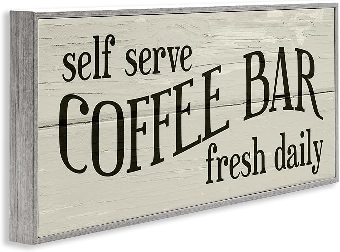 Stupell Industries 'Self Serve Coffee Bar Sign Rustic Plank Pattern', Framed Giclee Art, Gray, 30 x 13 Inches, Easy to Hang and Sturdy, Made in USA, by Lil' Rue