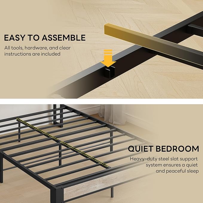 LIKIMIO Queen Bed Frames, Bouclé Storage Headboard with Charging Station, Solid and Stable, Noise Free, No Box Spring Needed, Easy Assembly