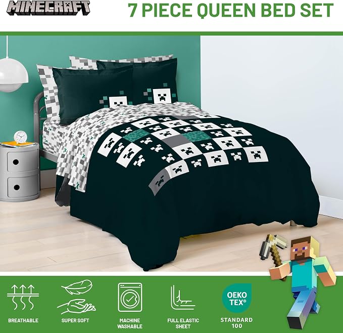 Minecraft Creeper Queen Comforter Set 7 Piece Video Game Bedding, Green | Zombie Enderman, Comforter Sheets Shams Pillowcases, Official Product, Soft Microfiber, Machine Washable, Kids Gift