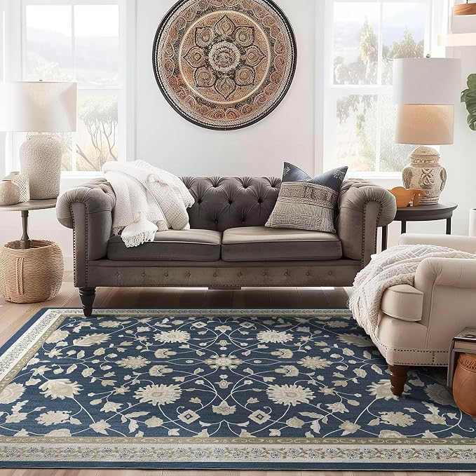 EVERGRACE Area Rugs for Living Room 8x10, Boho Floral Faux Wool Indoor Outdoor Rugs, Washable Rugs for Bedroom Dining Room Entryway Kitchen, Low Pile Floor Mat Carpet for Home Decor, Navy Blue