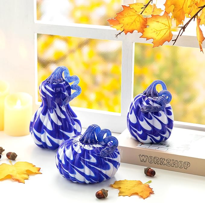 Glitzhome Hand Blown Glass Pumpkin 3pcs Fall Glass Gourd, Blue/White