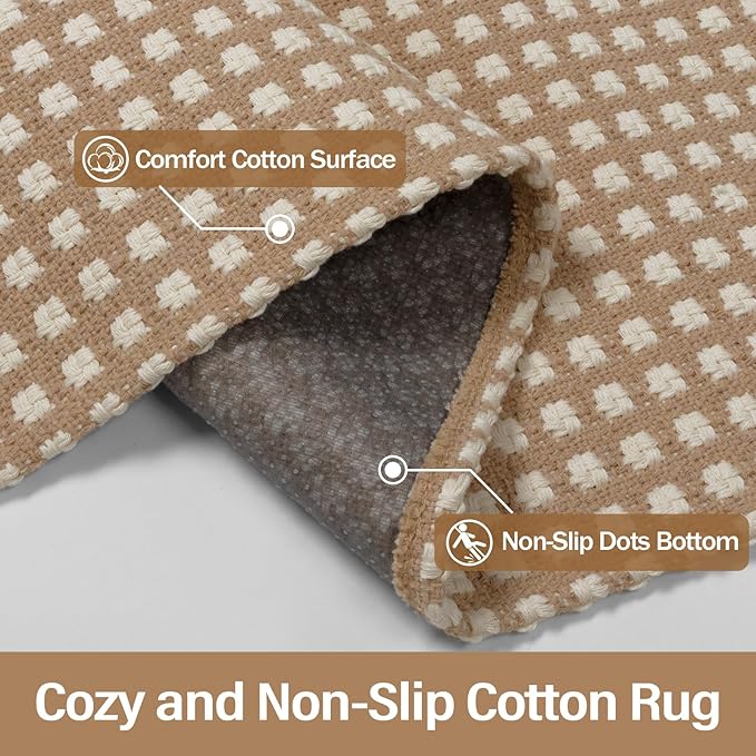 Rugalia Washable Woven Indoor Outdoor Runner Rug 2x6, Camel Cotton Rug Runners for Hallway Non-Slip Long Kitchen Mat, Modern Plaid Neutral Throw Runner Carpet for Entry Porch Patio Bedroom
