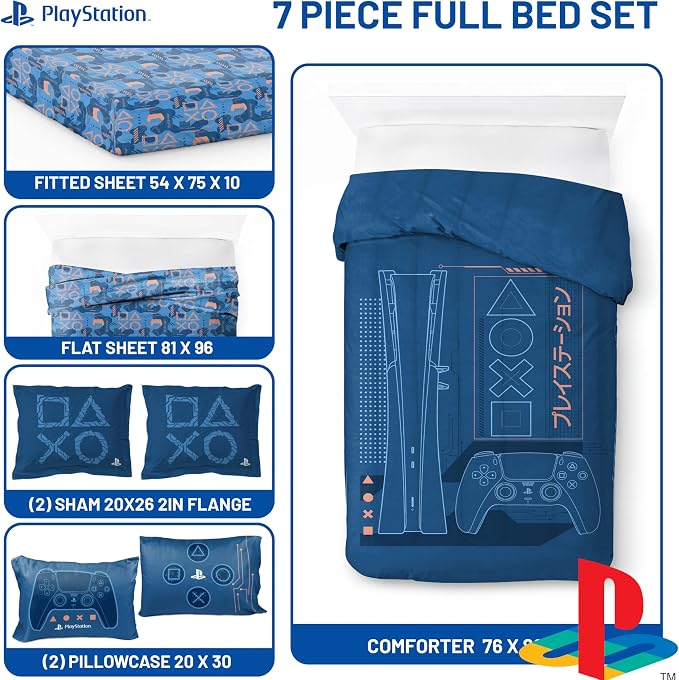 Jay Franco Kids Bed Set, Blue, PlayStation, 7 Piece Full | Cozy Soft Bedding for Stylish Room Décor with Comforter, Sheets & Pillow Covers