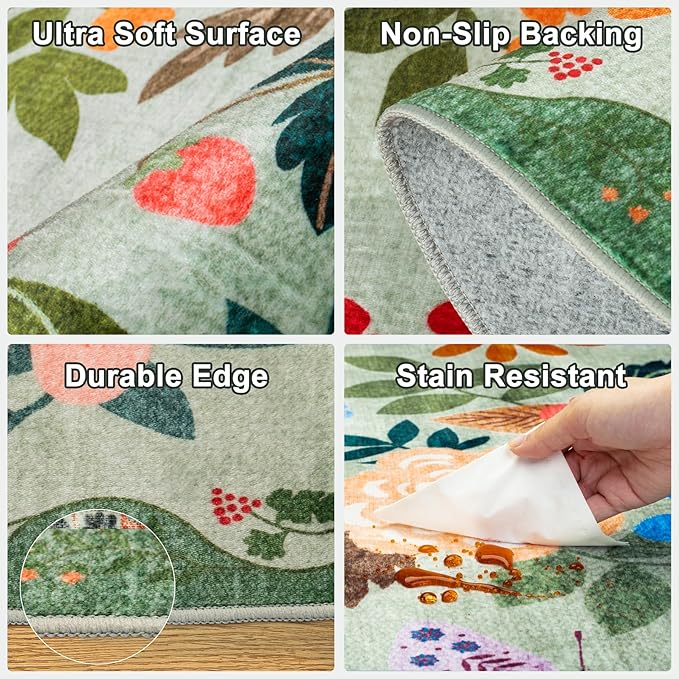 Area Rug Living Room Rugs: Floral 5x7 Washable Rug Vintage Soft Boho Non-Slip Carpet Indoor Stain Resistant Large Carpets for Bedroom Dining Room Farmhouse Nursery Hallway Home Office Green