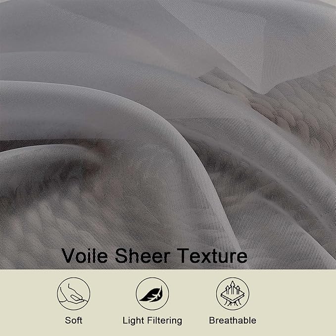 Grey Sheer Curtains for Bedroom Living Room 96 Inches Long 2 Panels, Modern Airy Soft Lightweight Rod Pocket Light Filtering Sheer Curtains Drapes, Grey, Each 42" Wx96 L Inch