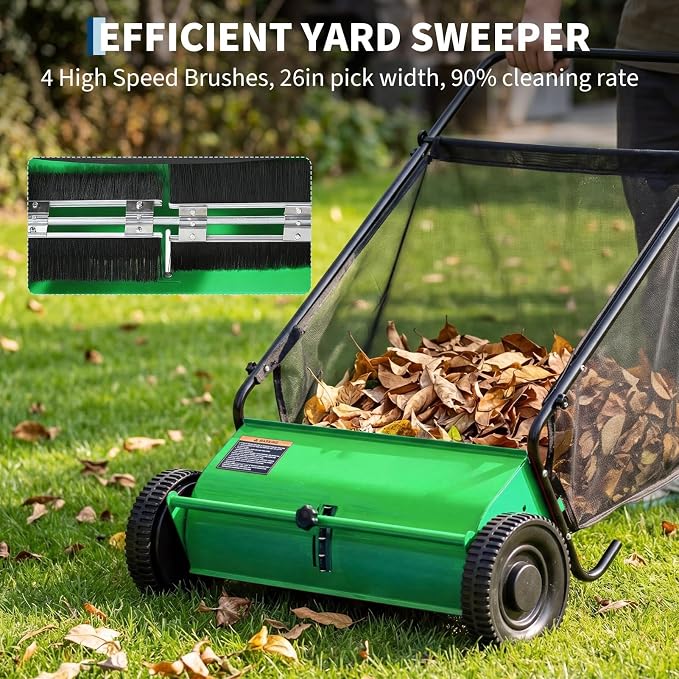 26 Inch Push Lawn Sweeper with 7 Cu ft Hopper Bag | Heavy Duty Walk Behind Leaf Collector and Yard Sweeper, Carbon Steel Push Lawn Sweeper for Garden Grass,