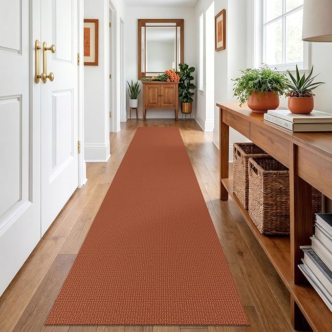 IOHOUZE Washable Runner Rug 2x12 Non Slip Rubber Backed Extra Long Hallway Runner Entryway Runner Indoor, Kitchen Rugs Woven Cotton Floor Carpet for Hall Entrance, Burnt Orange/Tan