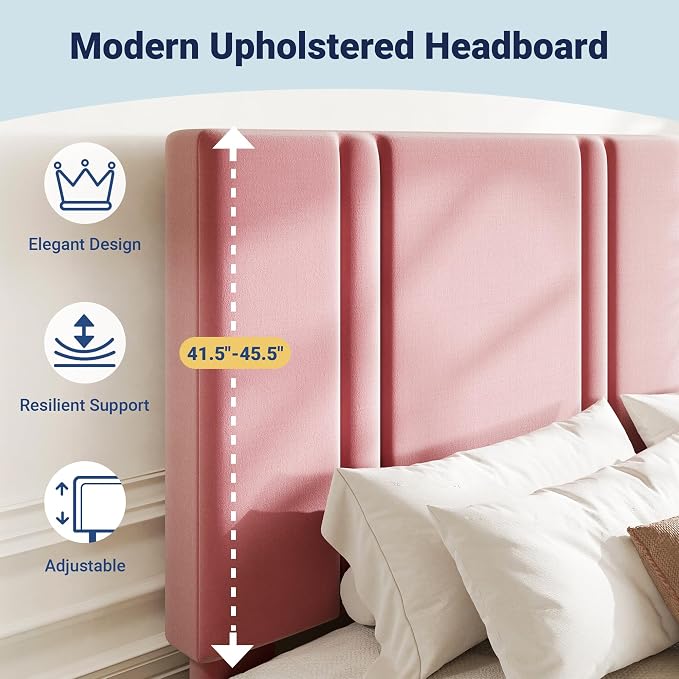 Allewie King Size Platform Bed Frame with Adjustable Headboard | Plush Velvet Upholstered, Vertical Channel Tufted, Sturdy Wood Slats, No Box Spring Needed, Easy Assembly, Pink