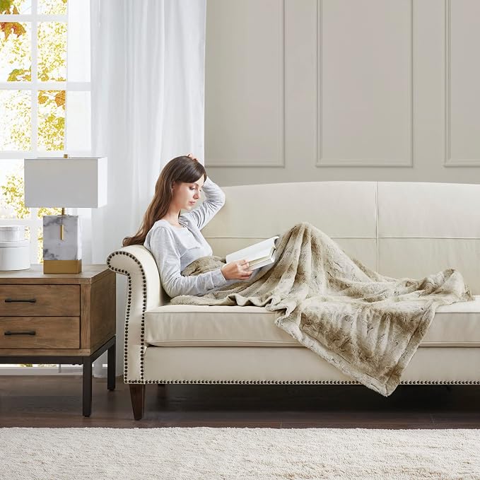 Madison Park Zuri Faux Fur Reversible Throw Blanket, 50 x 60 in, Sand | Oversized Soft Plush, Luxury, Animal Stripes, Mink Reverse, Modern, All Season, for Bed Sofa Couch, OEKO-TEX Certified