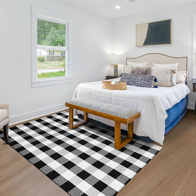 Buffalo Plaid Rug 4x6 Black and White Outdoor Rug Checkered Cotton Woven Washable Front Porch Layered Door Mats Carpet for Living Room Bedroom Farmhouse Patio Decor