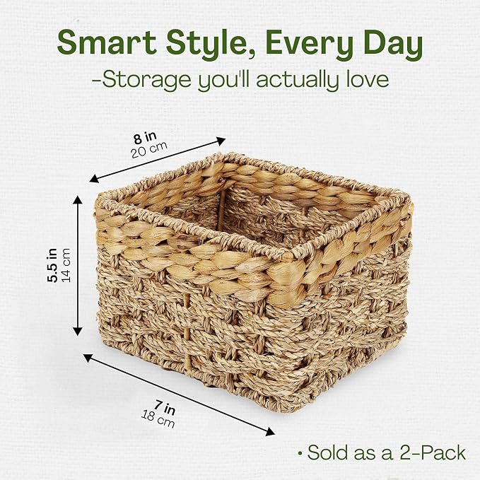 Small Wicker Storage Basket, Set of 2, 8 x 7 x 5.5 Inches | Natural, Woven Baskets for Organizing Living Room, Pantry, Shelves, Wicker, Decorative, Storage, Small
