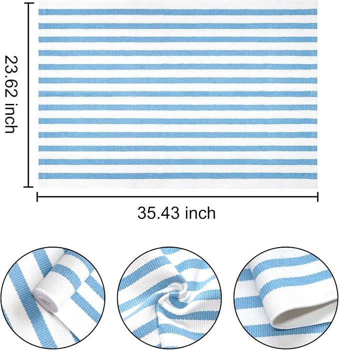 Front Outdoor Door Mat 2'x3',Light Blue Striped Outdoor Rug Machine Washable Cotton Layered Door Mat Entryway Throw Rug for Indoor Entrance