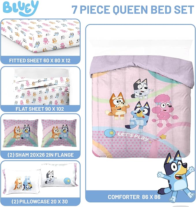 Bluey Bingo Queen Comforter Set 7 Piece Kids Bedding for Girls, Pink | Bed in a Bag, Comforter Sheets Shams Pillowcases, Official Brand, Soft Microfiber, Machine Washable, Girls Gift