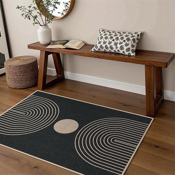 Easy Jute 2x3 Black Rainbow Area Rug,Washable Entryway Rug, Small Modern Door Carpet,Neutral Non-Slip Outdoor Indoor Farmhouse Rug for Kitchen Patio Entry Porch