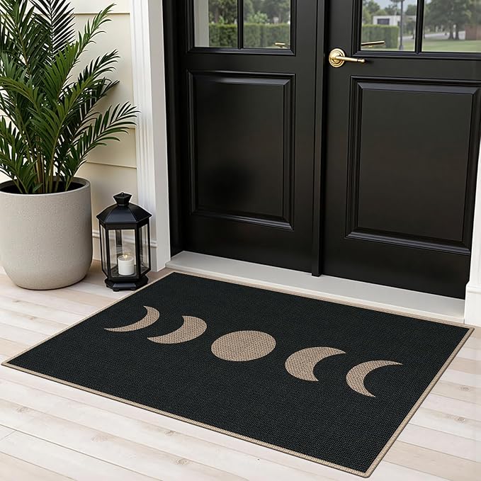Easy Jute 2x3 Black Moon Area Rug,Washable Entryway Rug, Small Modern Door Carpet,Neutral Non-Slip Outdoor Indoor Farmhouse Rug for Kitchen Patio Entry Porch