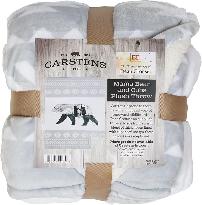 Carstens, Inc. Dean Crouser Plush Sherpa Fleece Oversized Throw Blanket 54" x 68", Mama Bear & Cubs