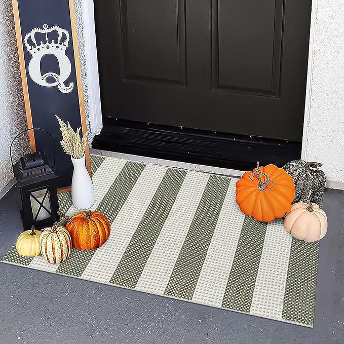 OJIA Front Door Mat 24"x36" Outdoor Doormat Striped Porch Rugs Fall Decor | Washable Rug Door Mat Outside Entrance Cotton Indoor Outdoor Rugs Small Area Rug for Kitchen Entryway Patio Green/White