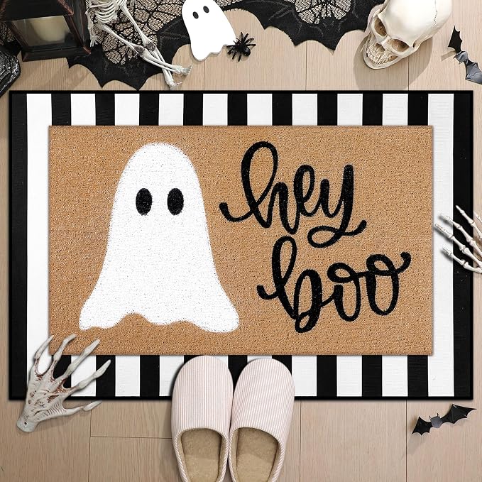 Tinideya 2 Pcs Halloween Door Mat Outdoor Hey Boo Ghost Welcome Doormats for Front Door Non Slip Ghost Coir Floor Mat Black White Stripe Halloween Rug for Entryway Front Porch Outside Decor