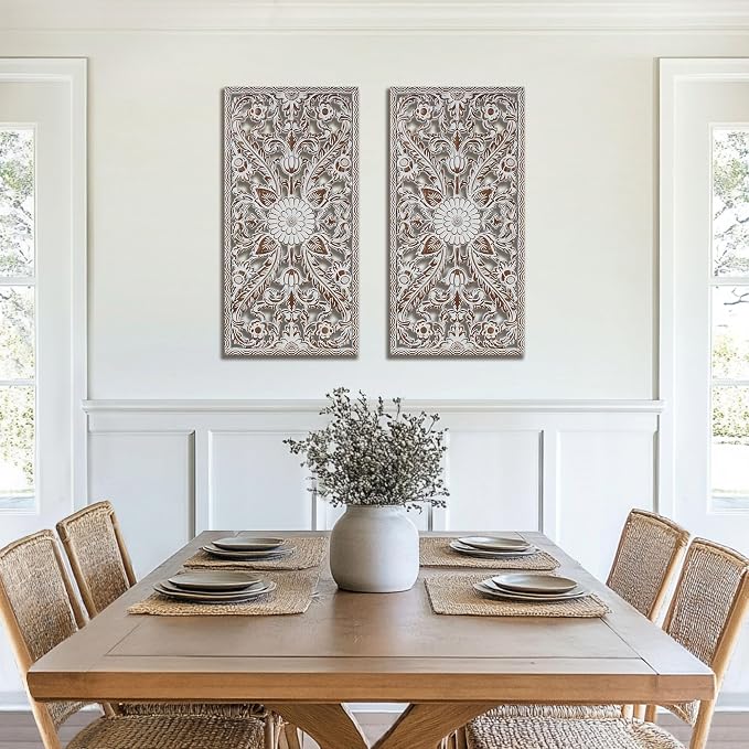 Madison Park Wall Décor for Living Room - Botanical Panel, Home Accent Modern Kitchen Dining Decoration, Ready to Hang 2-Piece Distressed Carved Wood Panel Set for Bedroom, 15.75"W x 31.50"H, Antique Brown