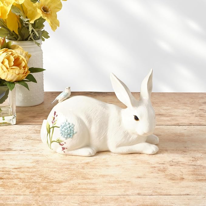 Fitz and Floyd Meadow Rabbit Ceramic Decorative Resting Figurine, 10 Inch