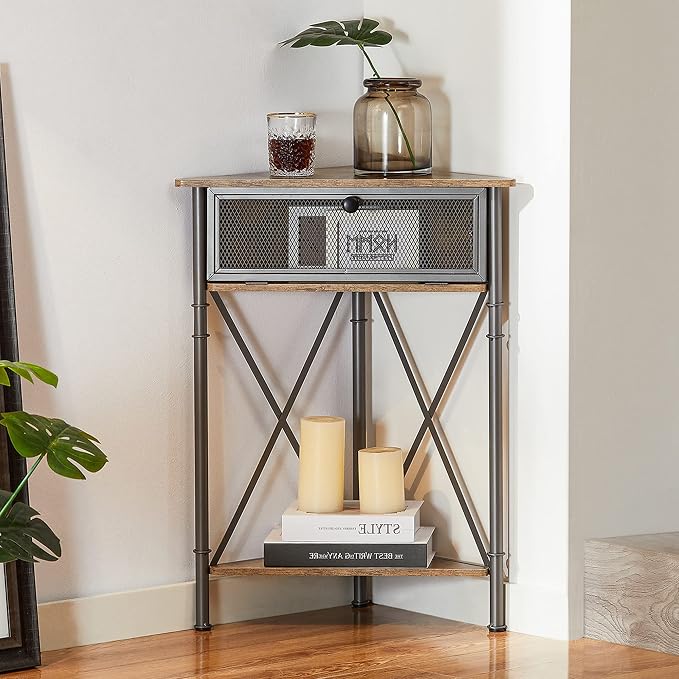 VECELO Corner Cabinet/Table, 3-Tier Display Shelves with Protection Door, Metal Frame Storage Shelf Organizer for Small Space, Living Room, Kitchen, Bathroom