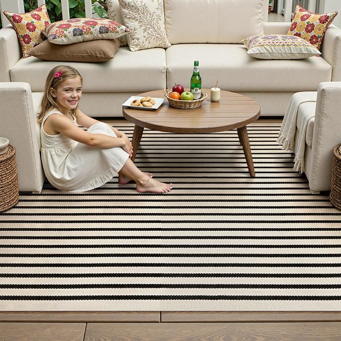 Collive Black and White Outdoor Rug, 5x8ft Striped Outdoor Rug, Reversible Washable Patio Rugs, Cotton Hand Woven Indoor Area Rug Floor Carpet for Outdoor Indoor Porch