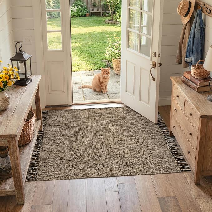 Collive 3' x 5' Indoor Outdoor Rug, Modern Farmhouse Entryway Rug Boho Porch Rugs, Natural/Black Hand-Woven Washable Kitchen Mats Front Door Mat for Patio Bedside Nursery Decor