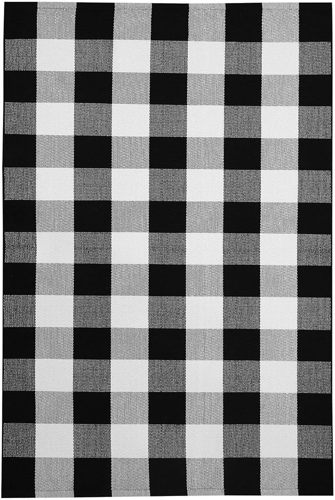 KOZYFLY Buffalo Plaid Area Rugs 3x5 Ft Black and White Checkered Rug Washable Front Door Mat Hand Woven Cotton Outdoor Rug Large Rug for Front Porch Kitchen Entryway Patio Bathroom