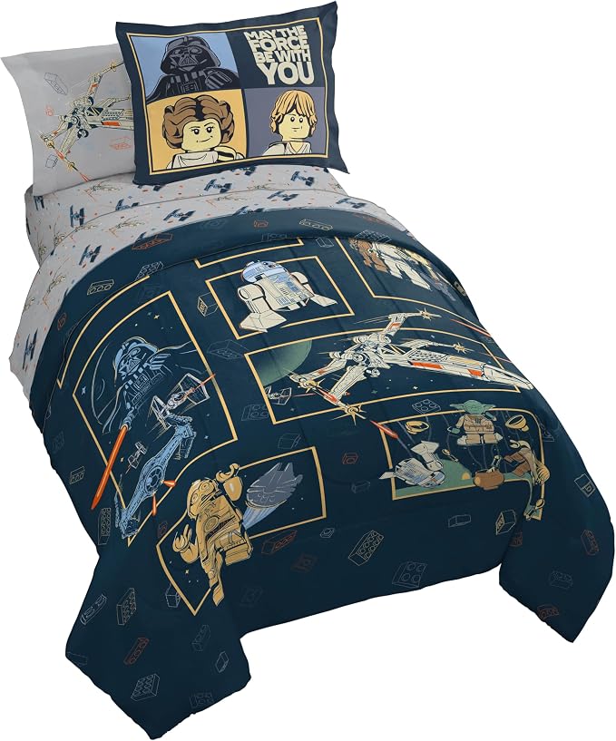 LEGO® Star Wars Twin Comforter Set 5 Piece Soft Kids Bedding, Blue | Darth Vader R2D2, Comforter Sheets Sham Pillowcase, Official Product, Soft Microfiber, Machine Washable, Easy Care, Kids Gift