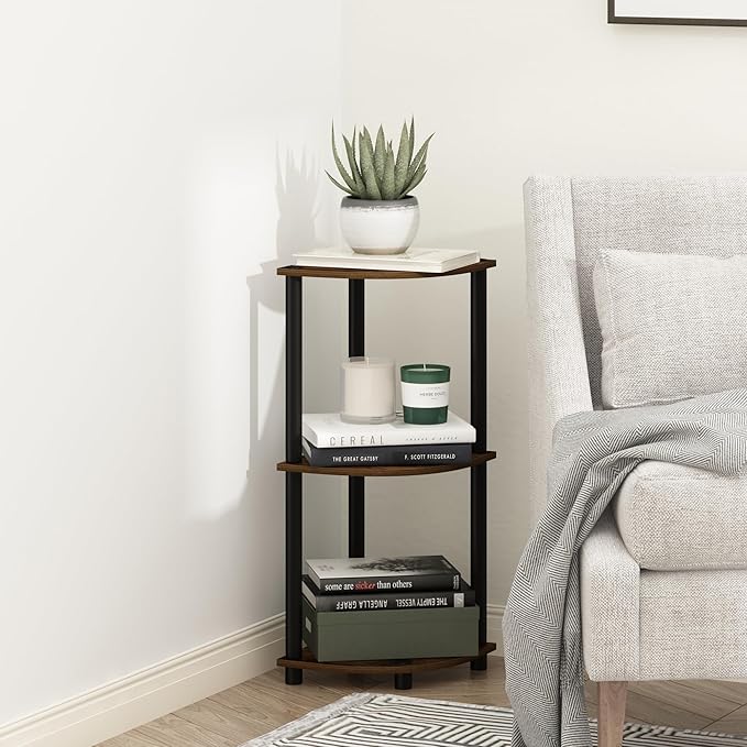 Furinno Turn-N-Tube Toolless Assembly 3-Tier Corner Shelf, Rustic Brown Corner Book Shelf, Open Shelves Bookshelf, for Organization and Storage, Living Room, Home Office, Bedroom, Amber Oak