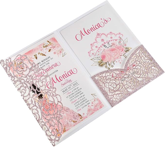 50PCS Personalized Rose Gold Quinceanera Invitation Cards | 4.7x7 inch, Laser Cut Hollow Rose Pocket, Miss XV, Sweet 16, 18th Birthday, Quince Invite, with Envelopes