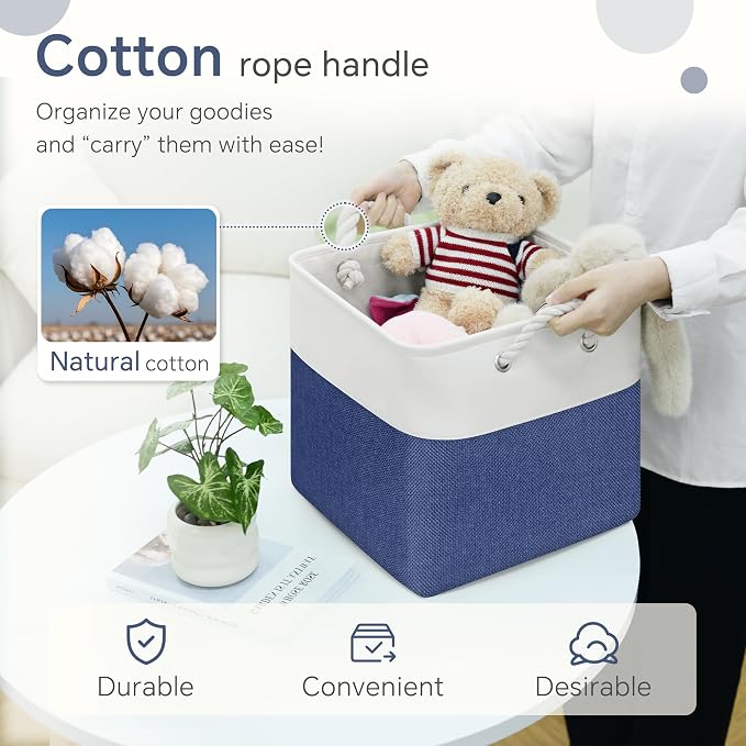 FinishingBo 11 inch Cube Storage Bin with Handles 6 Pack | Foldable Basket, Fabric Storage Bins, Closet Storage, Home Organizer (White/Navy Blue)