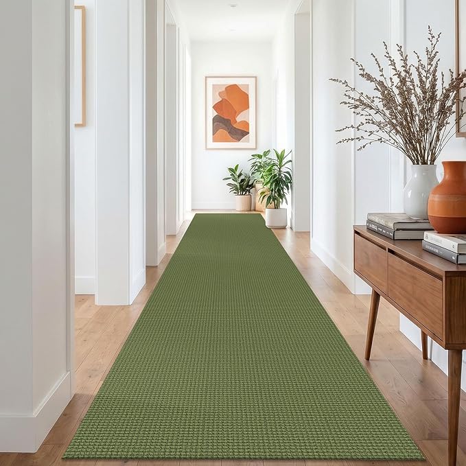IOHOUZE Washable Exrea Long Hallway Runner Rug 3x16 Non Slip Rubber Backed Kitchen Runner Entryway Runner Indoor, Woven Rugs Floor Carpet for Kitchen Hall Entryway, Olive Green/Earthy Green