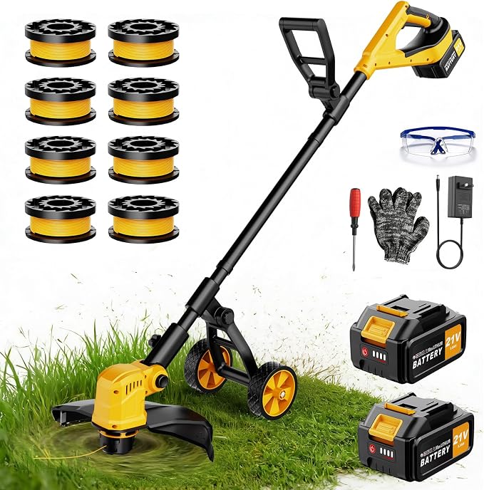 14-Inch Cordless String Trimmer with Wheels, 2x3.0Ah 21V Battery Powered Weed Eater, Electric Lawn Mower Weed Wacker, Brush Cutter Grass Trimmer for Garden Yard