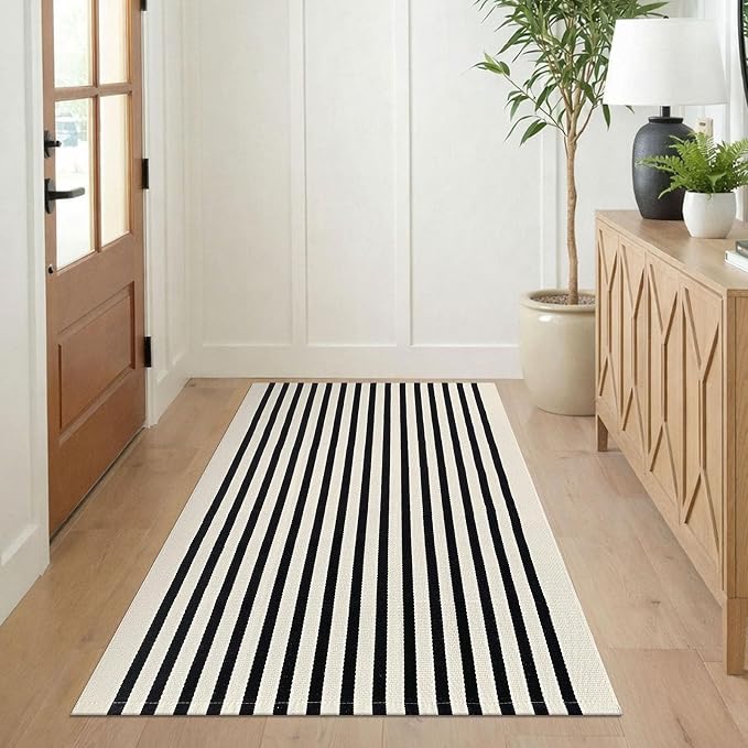 KILOCOCO Beige Striped Rug 3x5 Indoor Outdoor Rugs Washable Front Door Rugs | Cotton Layered Doormats, Washable Front Porch Rug, Woven Low Pile Welcome Mat for Kitchen Entryway Farmhouse Patio