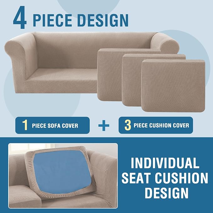 H.VERSAILTEX 4 Piece Stretch Chesterfield Sofa Slipcovers Mid Century Deep Seat Sofa Covers Washable (Base Cover Plus 3 Seat Cushion Covers) Thicker Jacquard Fabric (Large Sofa, Sand)