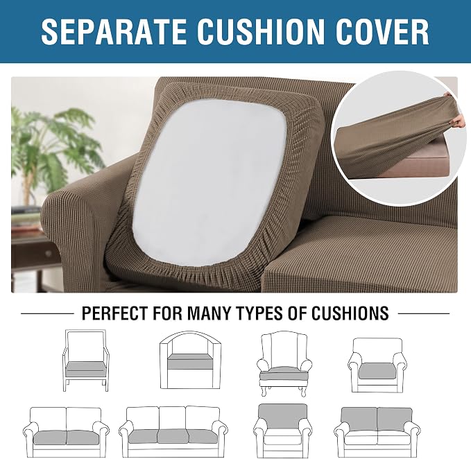 H.VERSAILTEX 4 Piece Stretch Sofa Covers for 3 Cushion Couch Furniture Slipcovers for Living Room (1 Base Cover Plus 3 Seat Cushion Covers) Jacquard Fabric Cover (XL Sofa, Macchiato)