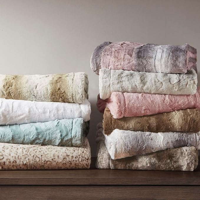 Madison Park Zuri Faux Fur Reversible Throw Blanket, 50 x 60 in, Aqua | Oversized Soft Plush, Luxury, Animal Stripes, Mink Reverse, Modern, All Season, for Bed Sofa Couch, OEKO-TEX Certified