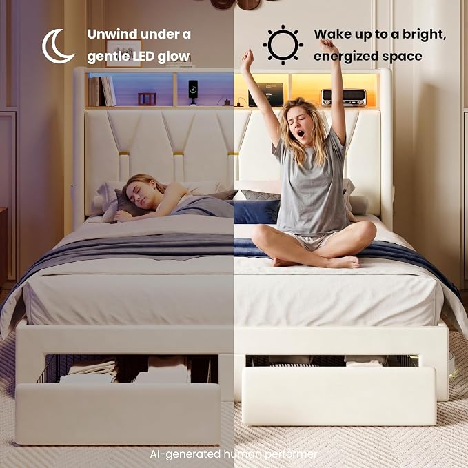 SHA CERLIN Full Velvet Platform Bed Frame with 2 Storage Drawers, LED Storage Headboard with Charging Station, Upholstered Wingback Headboard, Noise-Free, No Box Spring Needed, Easy Assembly, White