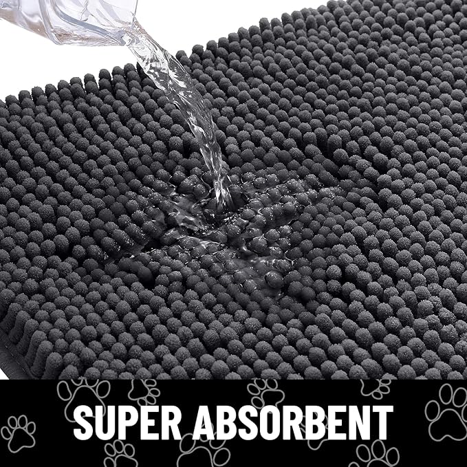 Smiry Dog Door Mat for Muddy Paws, Absorbent Dirt Trapper Non Slip Quick Dry Washable Chenille Mat for Mud Dogs, Entry Rug for Indoor and Outdoor (59x32 Inches, Dark Grey and White)