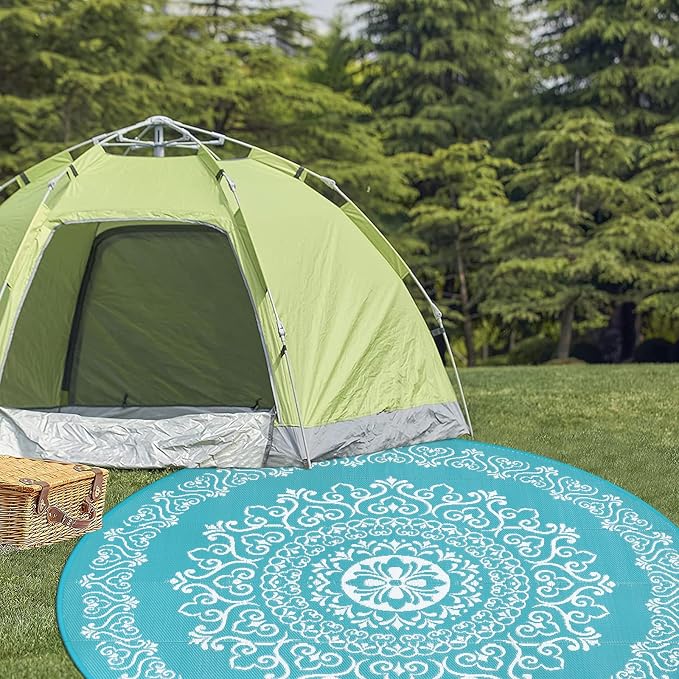 Pauwer Outdoor Rug 8ft, Waterproof Plastic Straw Camping Rug, Floral Teal | Reversible Patio Rug, UV Resistant Indoor Outdoor RV Mat Carpet For Deck, Camper, Porch, Balcony, Backyard, Picnic, Foldable